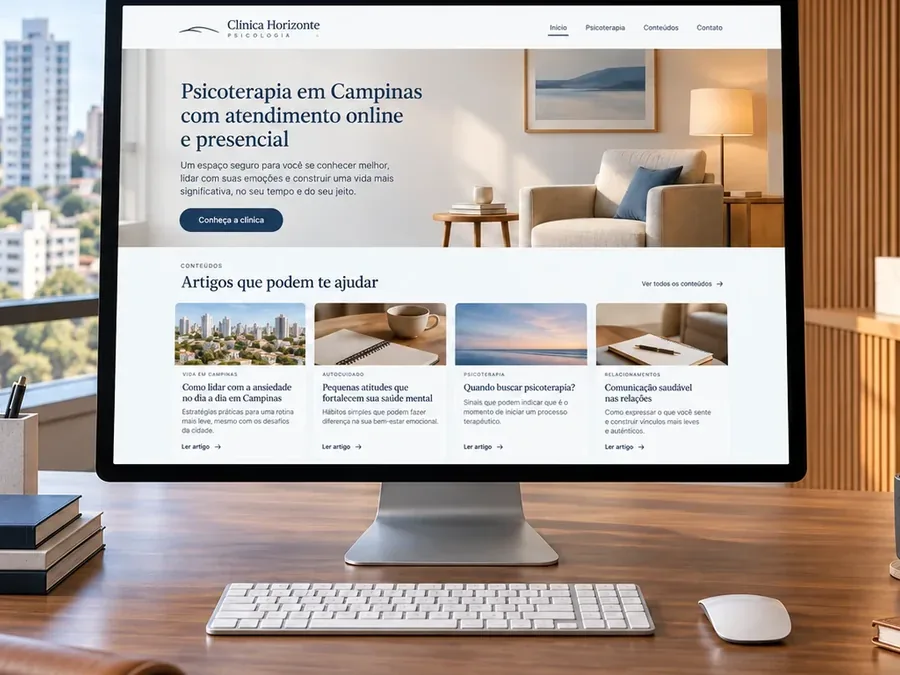 Site fictício Clínica Horizonte Psicologia em um monitor de mesa, imagem do artigo sobre artigos de blog e SEO