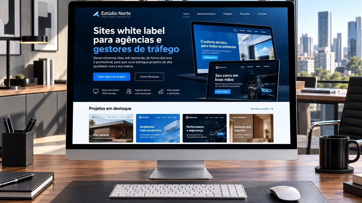 Detalhe do site fictício Estúdio Norte Web para Agências em um monitor de mesa, exemplo prático do artigo sobre artigos de blog e SEO