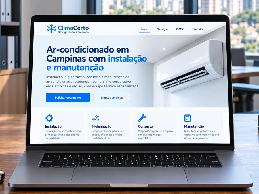 Site fictício ClimaCerto Refrigeração em um notebook, imagem do artigo sobre como conseguir clientes de ar-condicionado