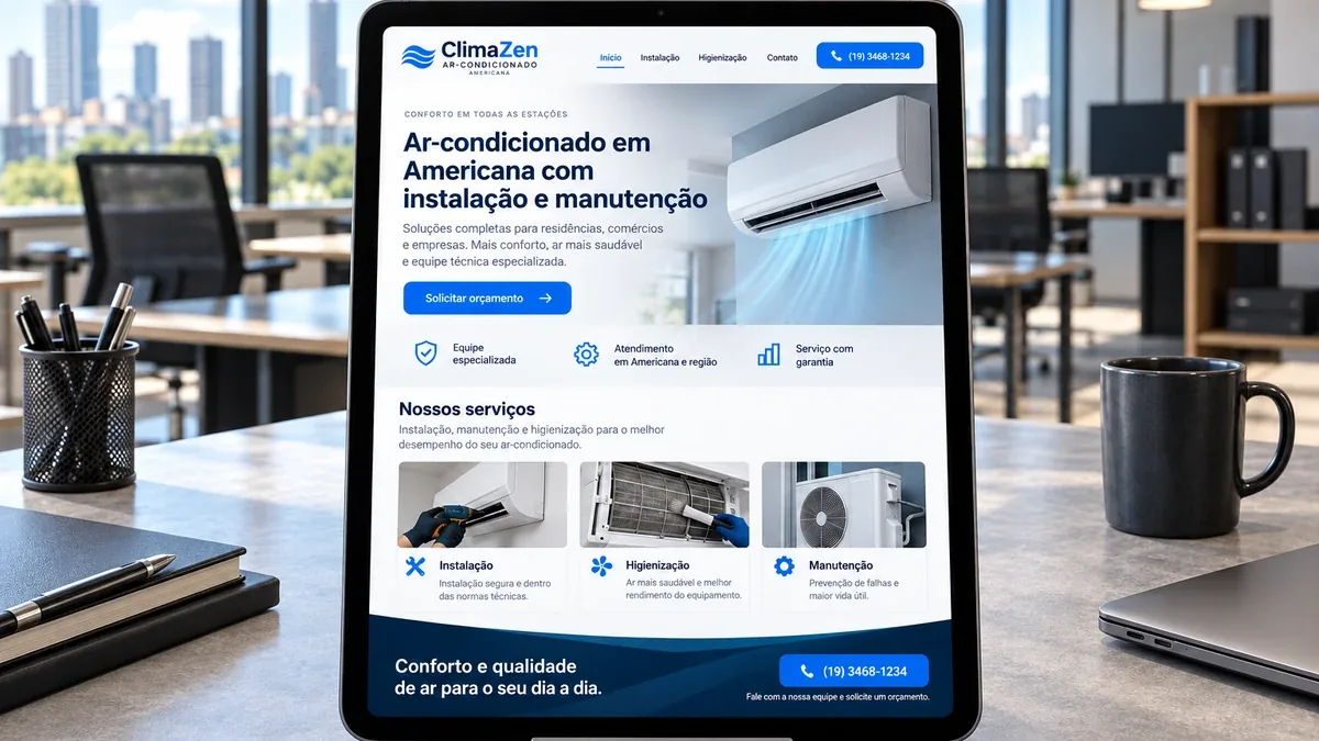 Detalhe do site fictício ClimaZen Ar-Condicionado em um tablet, exemplo prático do artigo sobre como conseguir clientes de ar-condicionado