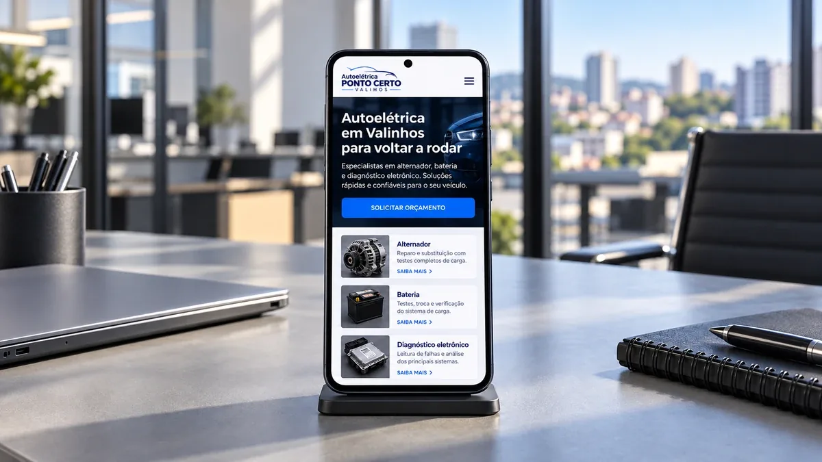 Detalhe do site fictício Autoelétrica Ponto Certo em um celular Android, exemplo prático do artigo sobre como conseguir clientes para autoelétrica