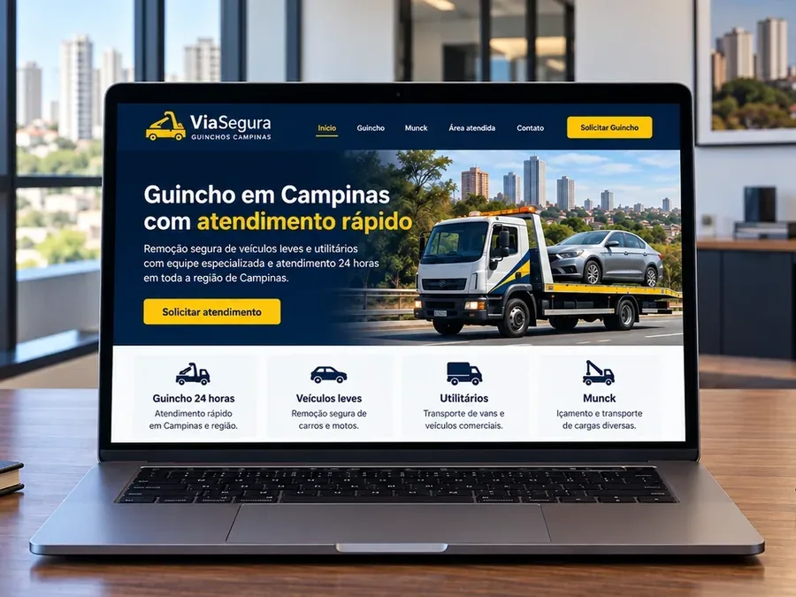 Site fictício ViaSegura Guinchos em um notebook, imagem do artigo sobre como conseguir clientes para guincho