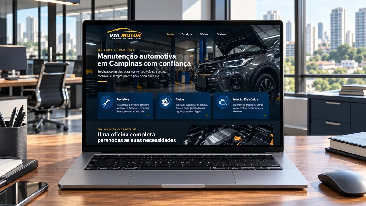 Detalhe do site fictício Via Motor Centro Automotivo em um monitor de mesa, exemplo prático do artigo sobre editar o site sozinho ou contar com manutenção
