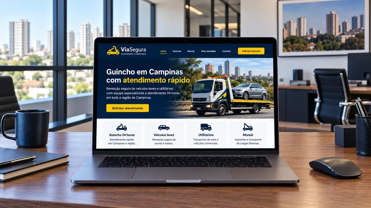 Detalhe do site fictício ViaSegura Guinchos em um notebook, exemplo prático do artigo sobre empresa sem endereço no Google Maps