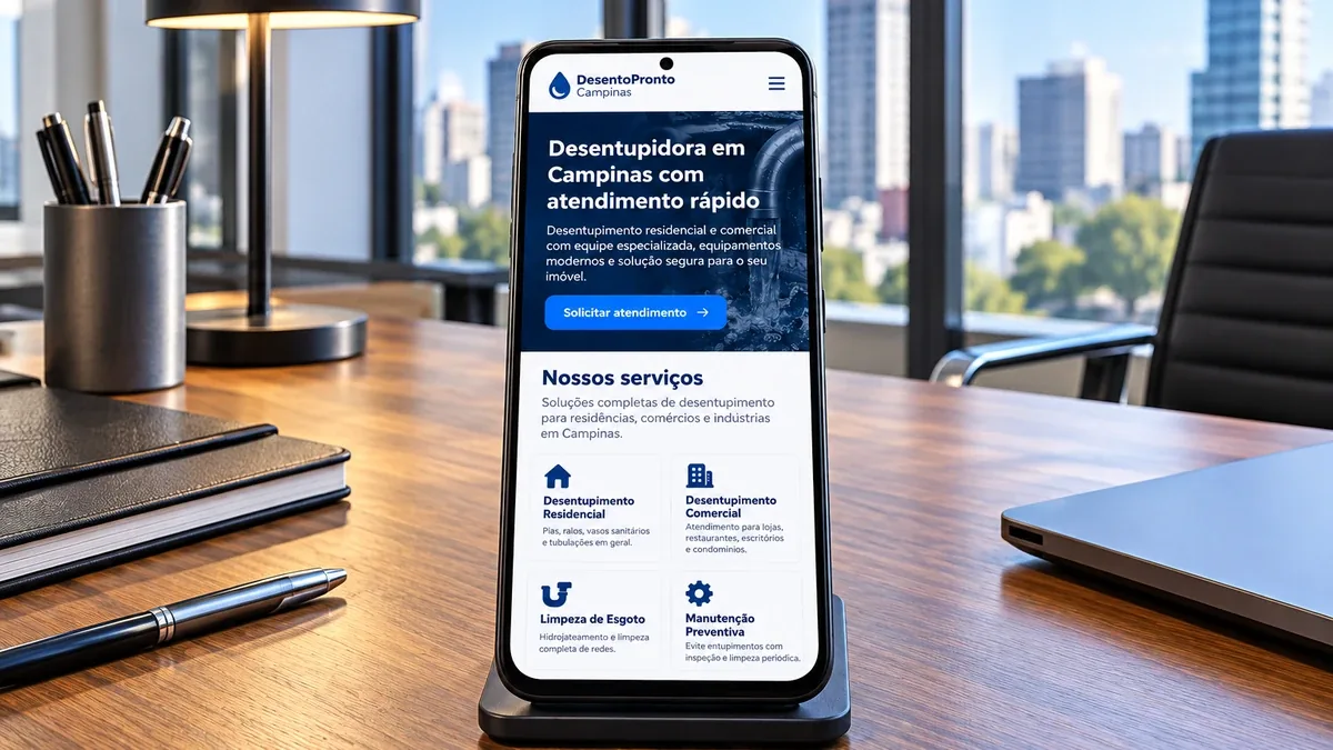 Detalhe do site fictício DesentoPronto Campinas em um celular Android, exemplo prático do artigo sobre ferramenta de auditoria x análise humana