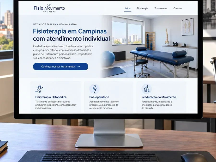 Site fictício Fisio Movimento Campinas em um monitor de mesa, imagem do artigo sobre SEO local para empresas de Campinas