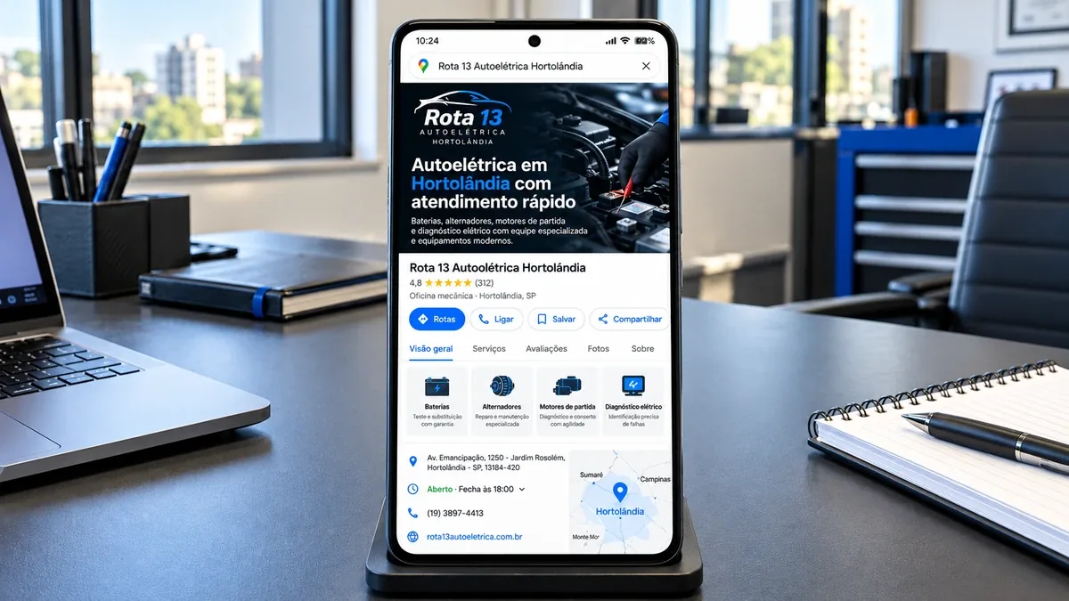 Detalhe do site fictício Autoelétrica Rota 13 em um celular Android, exemplo prático do artigo sobre SEO local para empresas de Campinas