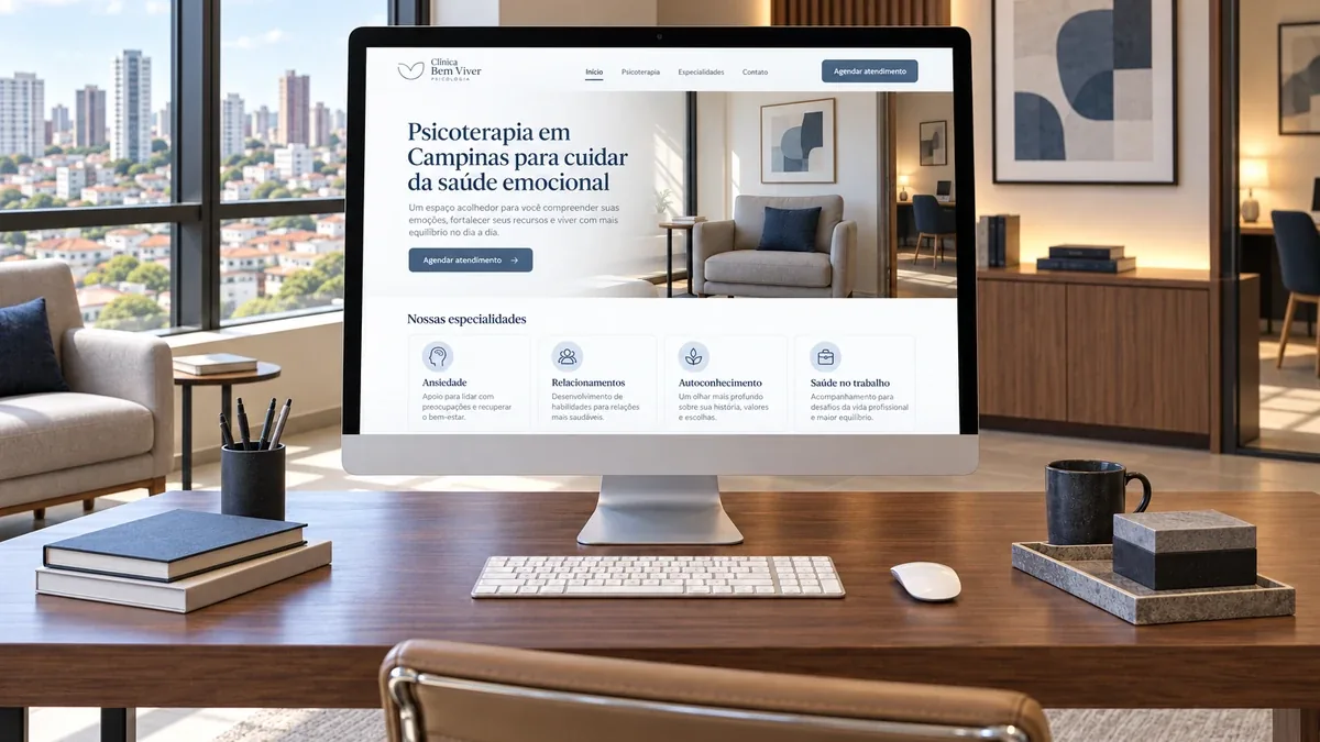Detalhe do site fictício Clínica Bem Viver Psicologia em um computador all-in-one, exemplo prático do artigo sobre o que o psicólogo pode divulgar no site