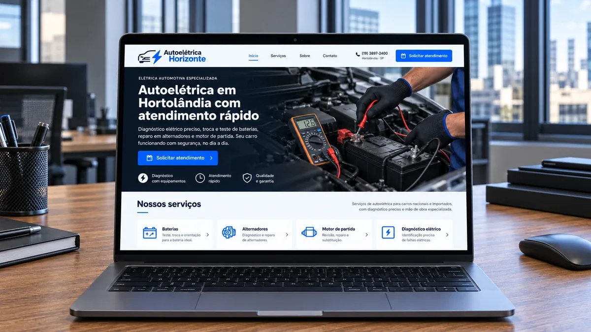 Mockup do site fictício Autoelétrica Horizonte com serviços organizados em português