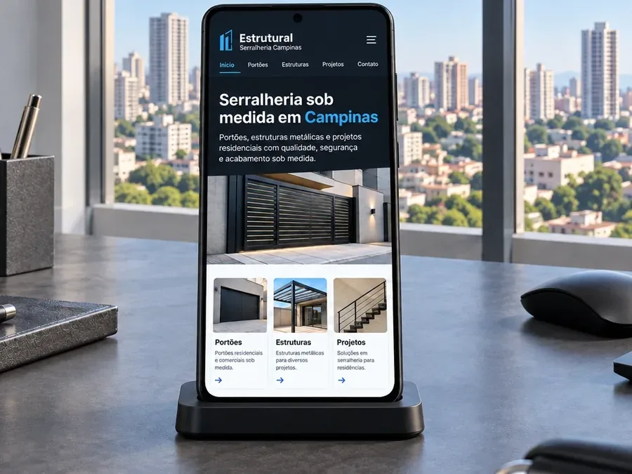 Site fictício Estrutural Serralheria em um celular Android, imagem do artigo sobre reformar ou refazer o site