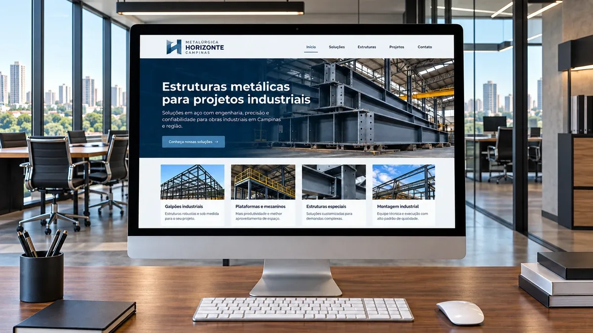Detalhe do site fictício Metalúrgica Horizonte em um computador all-in-one, exemplo prático do artigo sobre reformar ou refazer o site