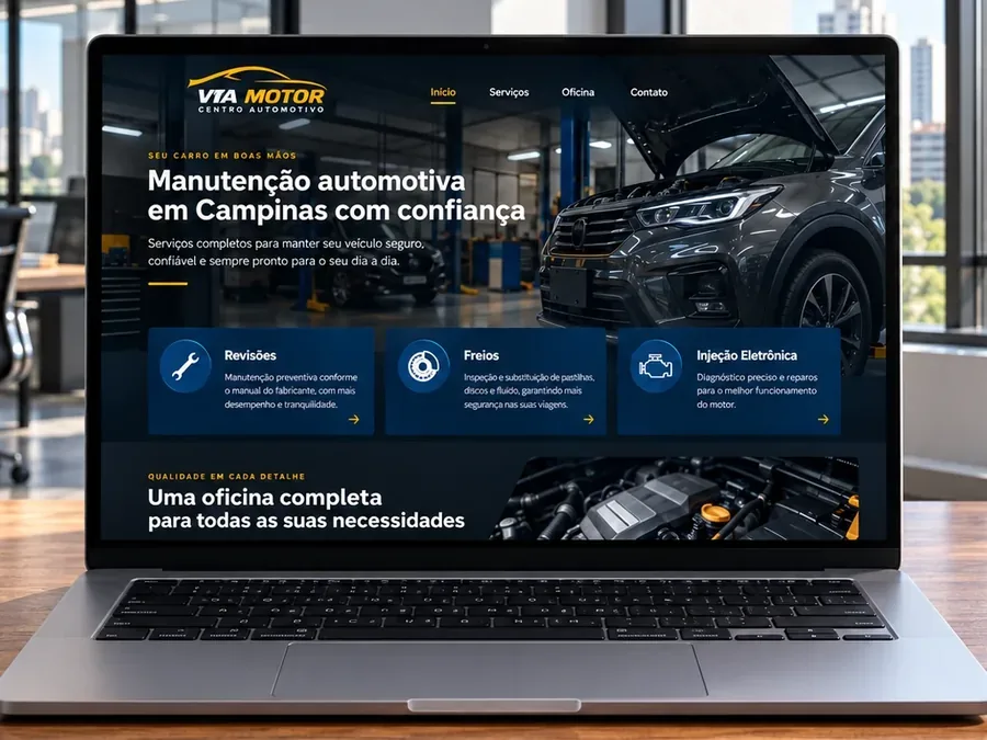 Site fictício Via Motor Centro Automotivo em um monitor de mesa, imagem do artigo sobre como o site reduz o custo do anúncio