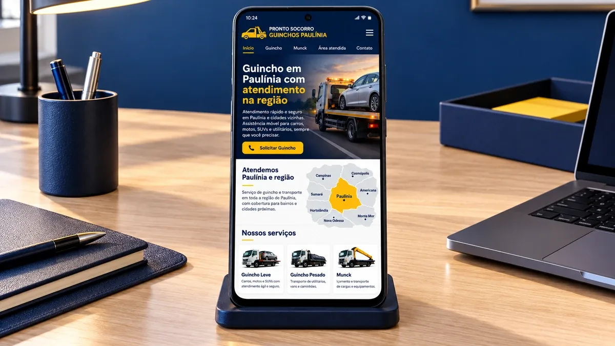 Detalhe do site fictício Pronto Socorro Guinchos em um celular Android, exemplo prático do artigo sobre por que o site não aparece no Google