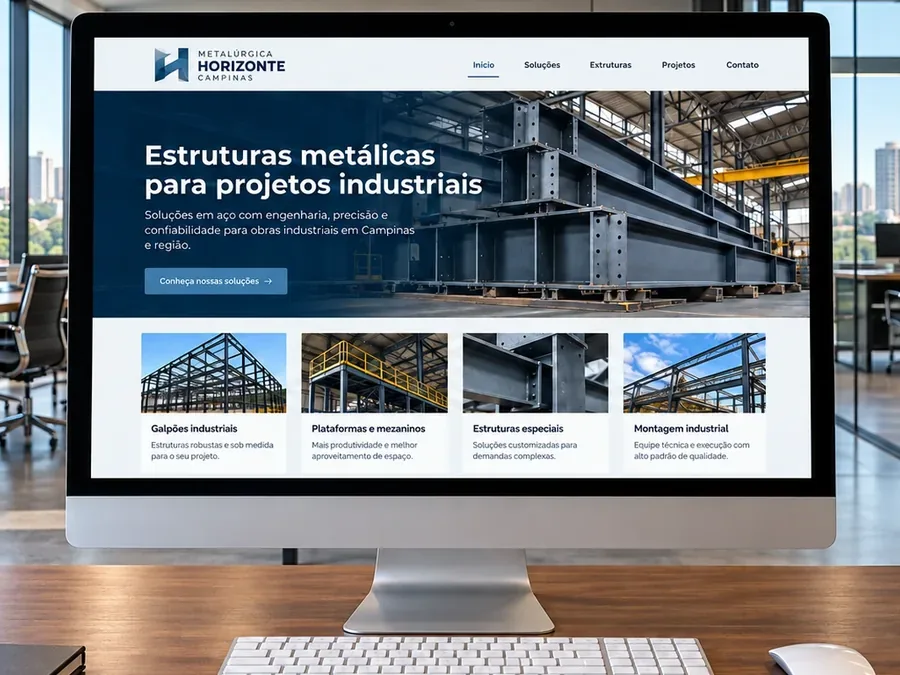 Site fictício Metalúrgica Horizonte em um computador all-in-one, imagem do artigo sobre o que é um site otimizado