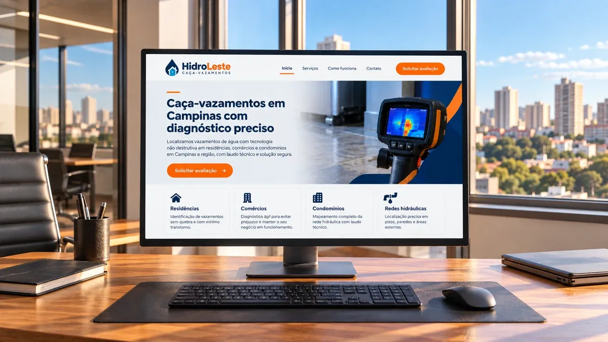 Detalhe do site fictício HidroLeste Caça-Vazamentos em um monitor de mesa, exemplo prático do artigo sobre a escolha entre site e landing page