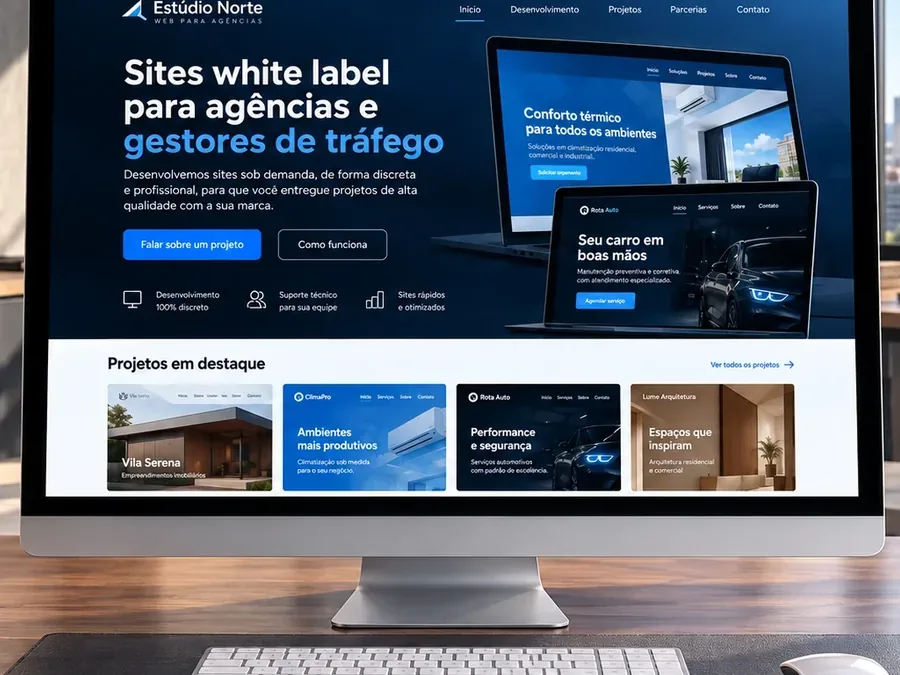Site fictício Estúdio Norte Web para Agências em um monitor de mesa, imagem do artigo sobre site white label para agências