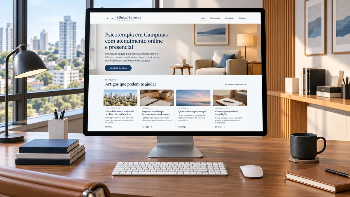 Detalhe do site fictício Clínica Horizonte Psicologia em um monitor de mesa, exemplo prático do artigo sobre site white label para agências