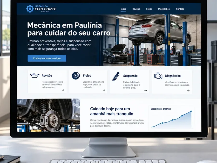 Site fictício Mecânica Eixo Forte em um monitor de mesa, imagem do artigo sobre quanto tempo leva para aparecer no Google