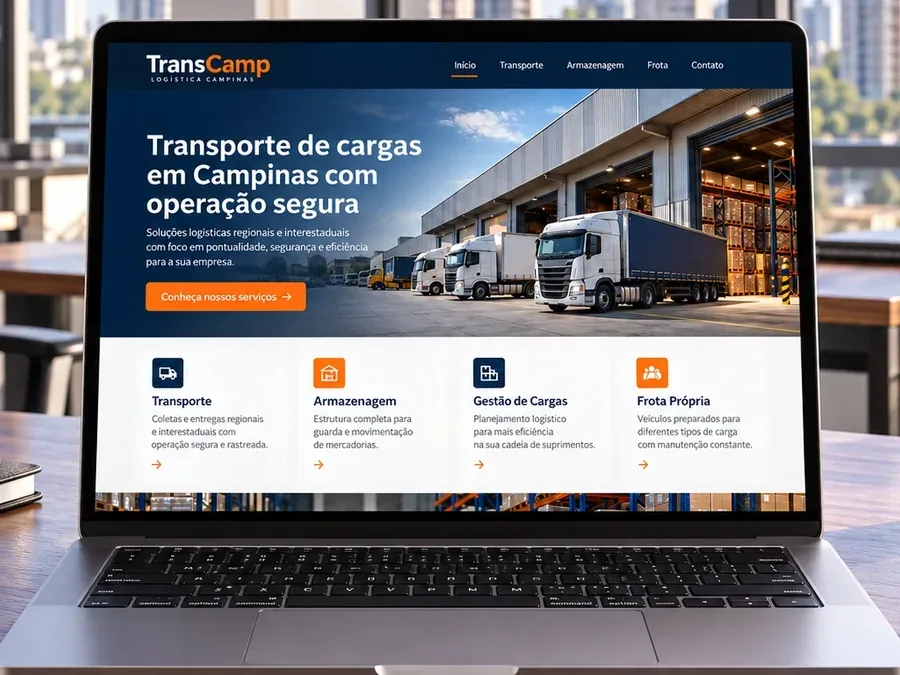 Site fictício TransCamp Logística em um notebook, imagem do artigo sobre trocar de site sem perder posição no Google