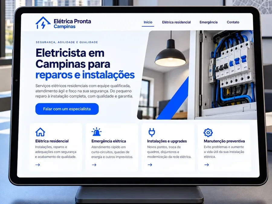Site fictício Elétrica Pronta Campinas em um tablet, imagem do artigo sobre o botão de WhatsApp no site