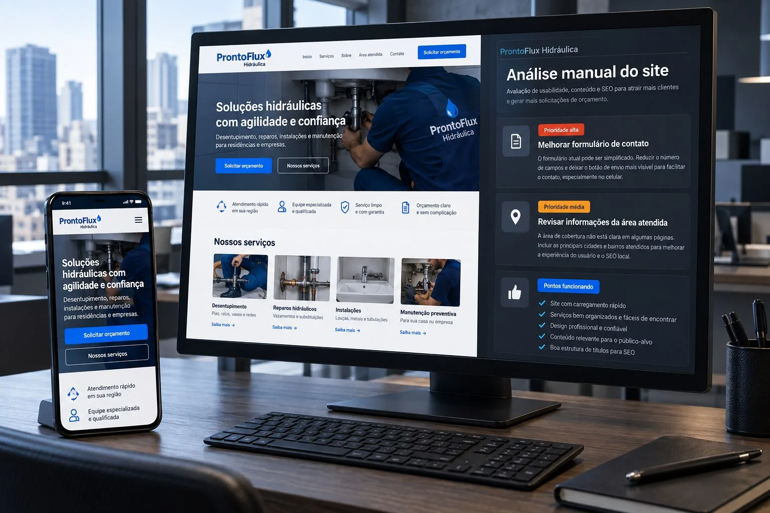 Auditoria manual do site da ProntoFlux Hidráulica com recomendações priorizadas