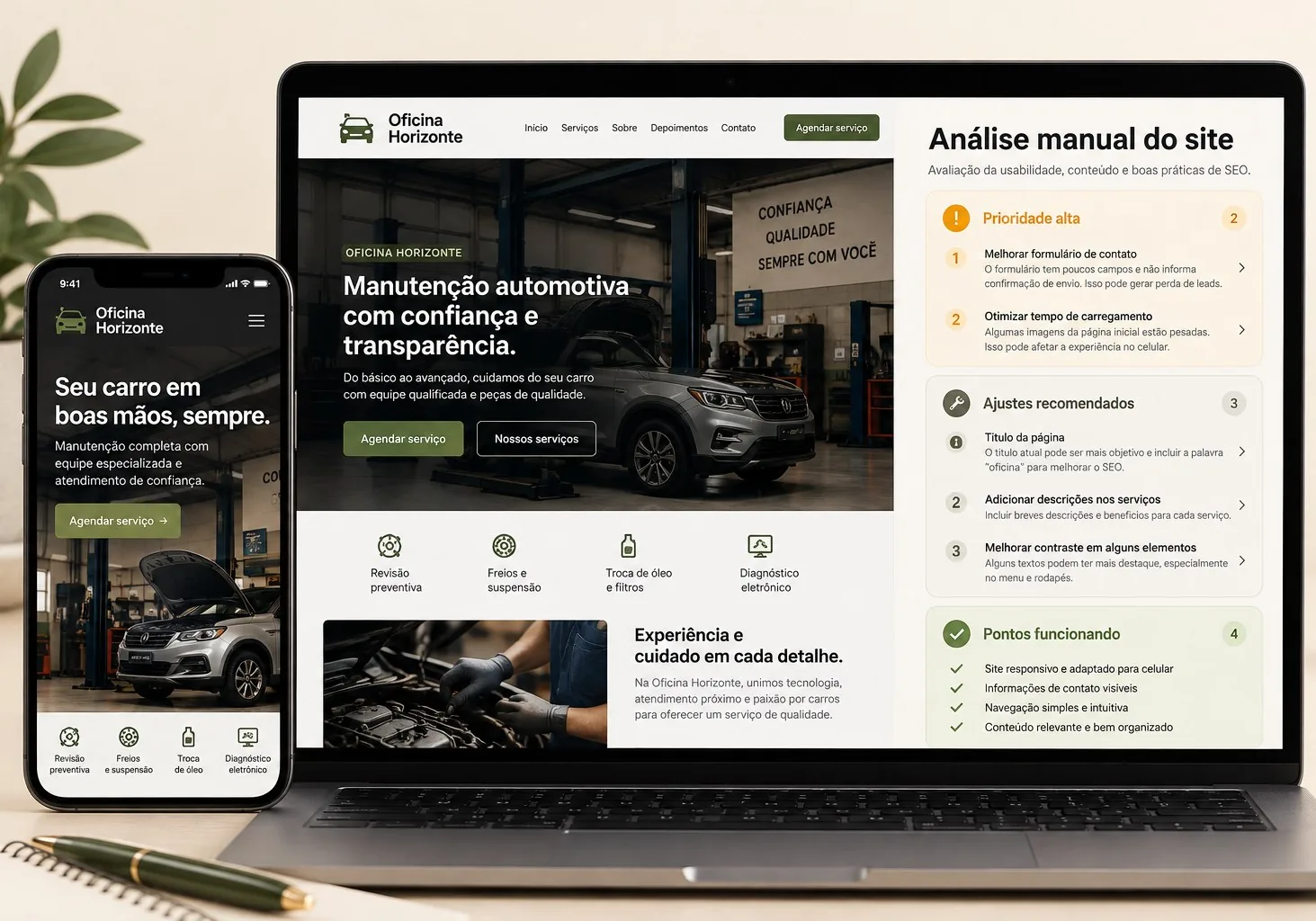Notebook e celular com a análise manual do site fictício de uma oficina, com os ajustes recomendados pela auditoria