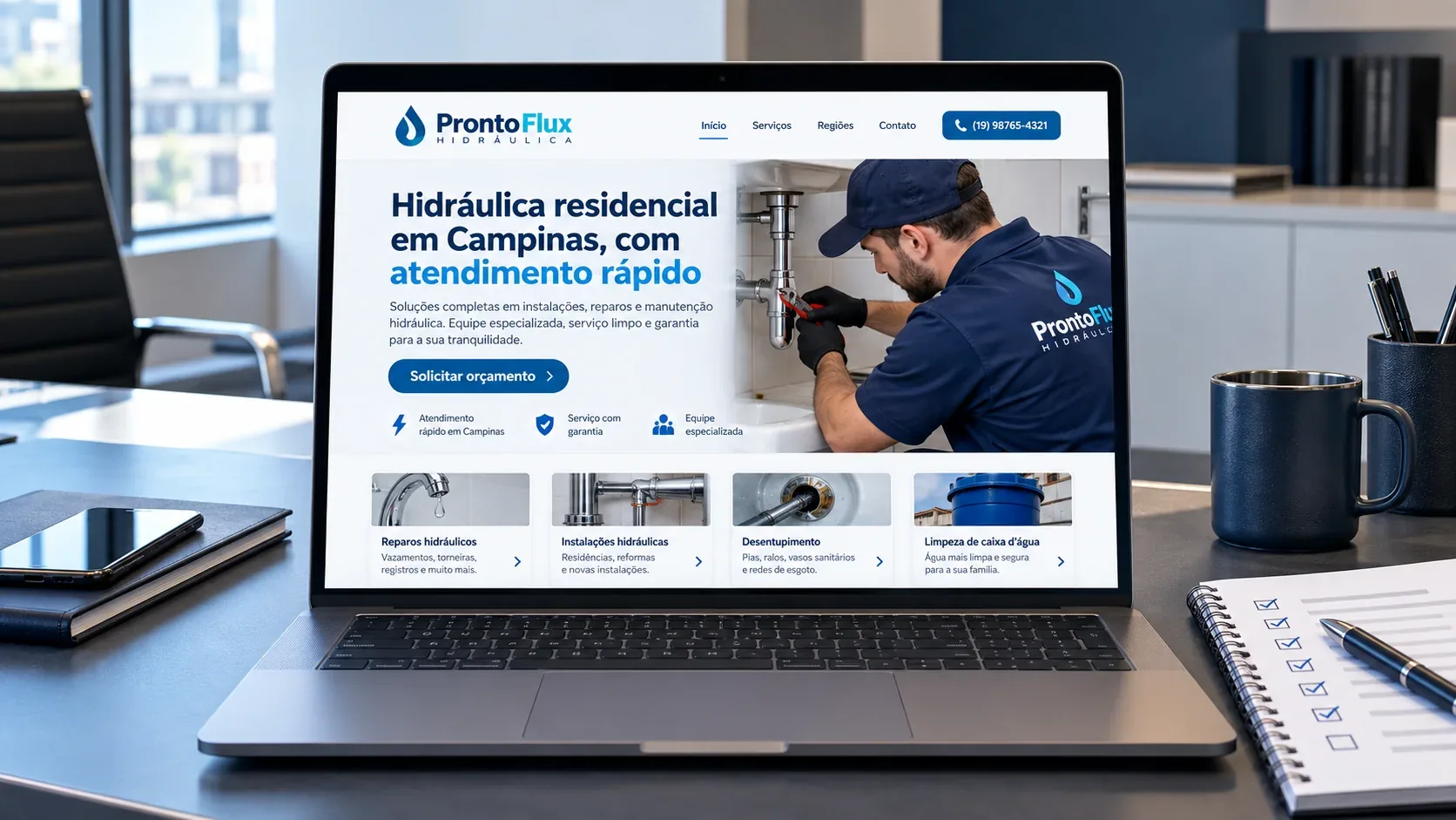 Notebook mostrando o site fictício da ProntoFlux Hidráulica e uma lista de verificação de auditoria