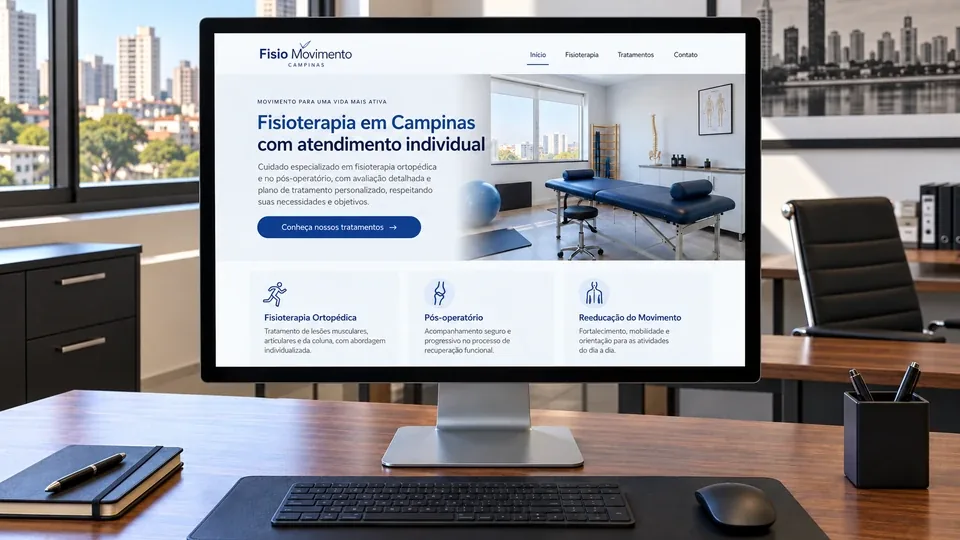 Mockup do site fictício Fisio Movimento em um monitor, com conteúdo de SEO local para uma clínica de fisioterapia.