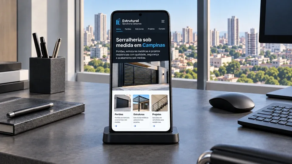 Site fictício da Estrutural Serralheria aberto em um celular Android durante uma atualização do site.