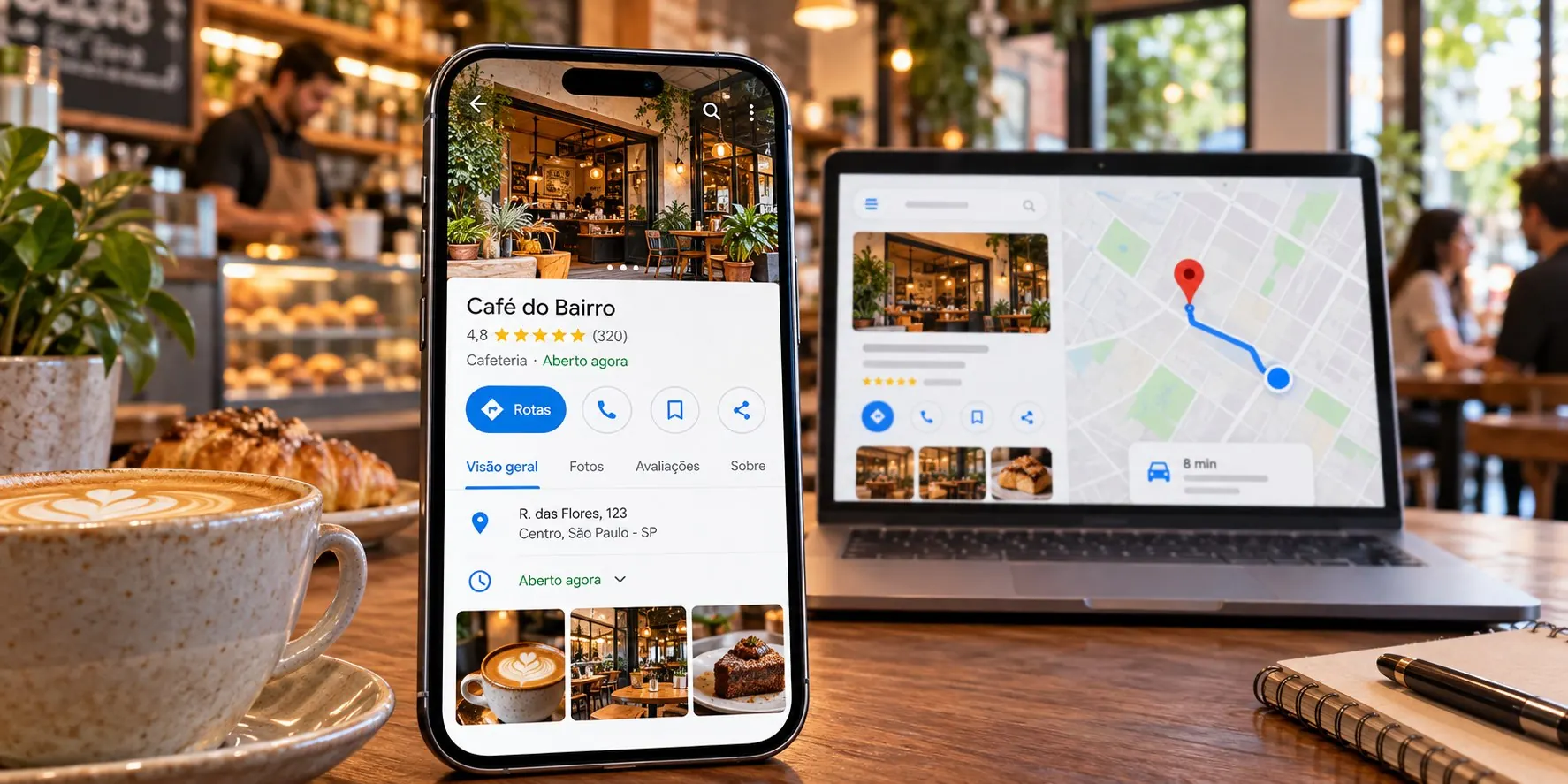 Perfil de empresa local e localização no mapa vistos no celular e no computador