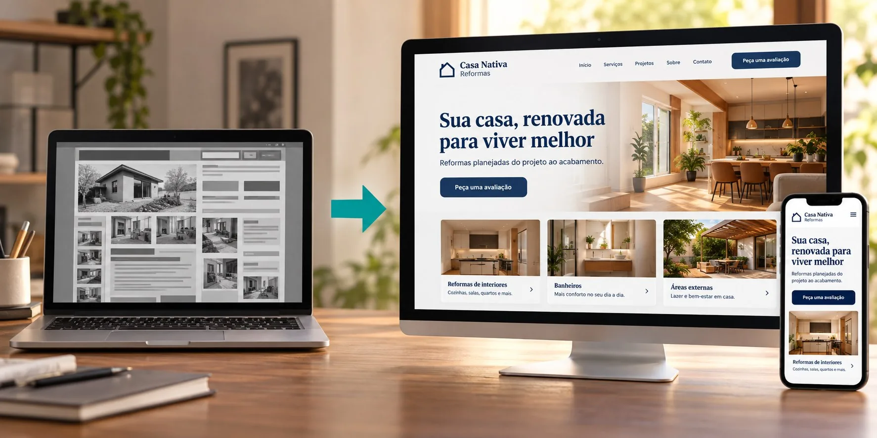 Comparação entre um site antigo e a versão moderna reformulada em computador e celular