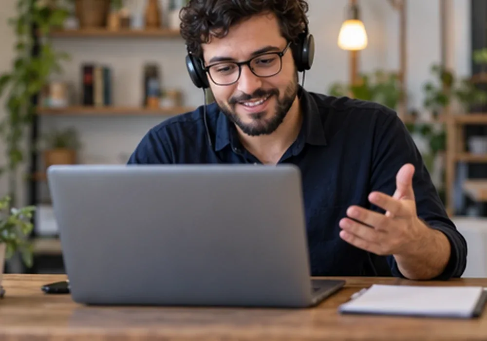 Especialista de fone de ouvido conversando por vídeo em frente ao notebook, em atendimento online