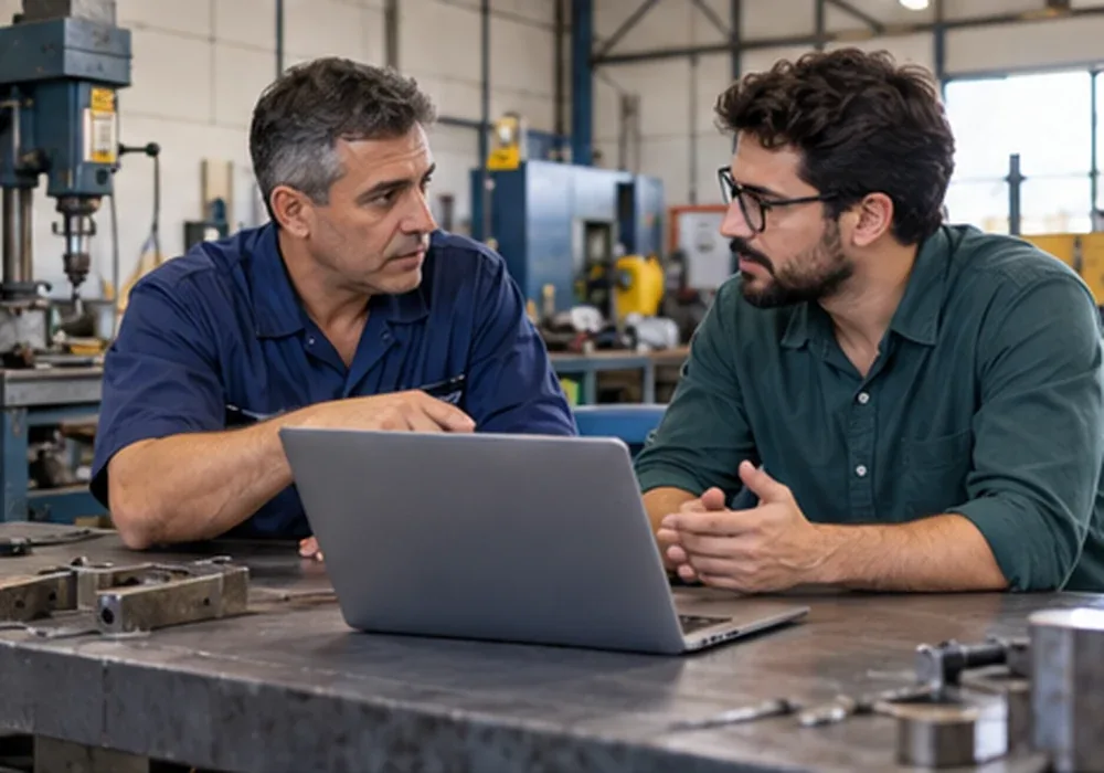 Dois homens conversando diante de um notebook dentro de uma metalúrgica sobre o site da empresa