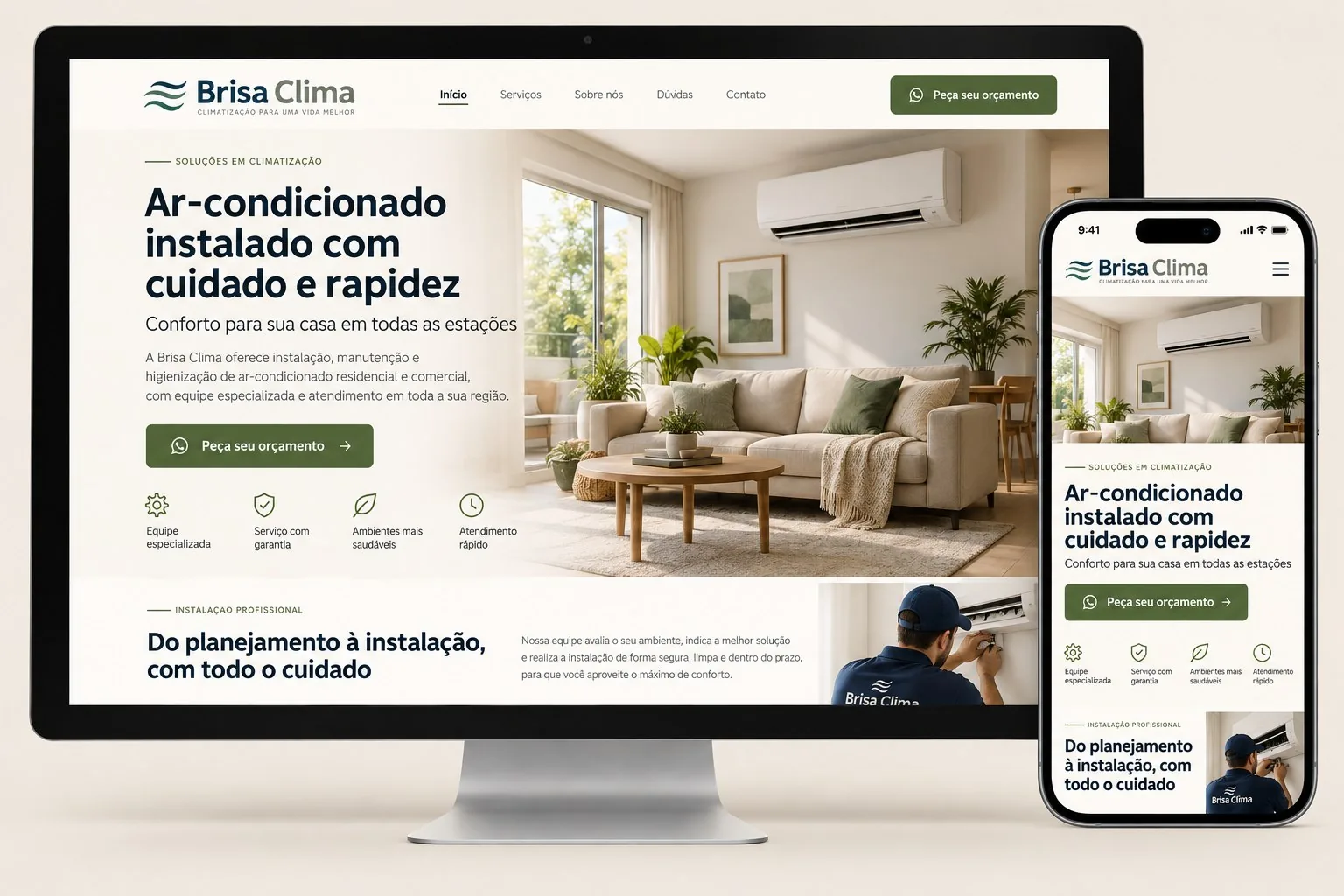 Página de destino fictícia da Brisa Clima, de ar-condicionado, aberta no computador e no celular, pronta para receber o tráfego dos anúncios