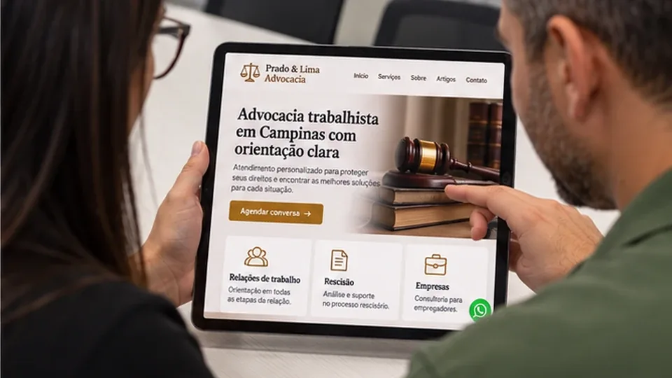 Duas pessoas revisando no tablet o site fictício de um escritório de advocacia de Campinas, em parceria de criação de sites