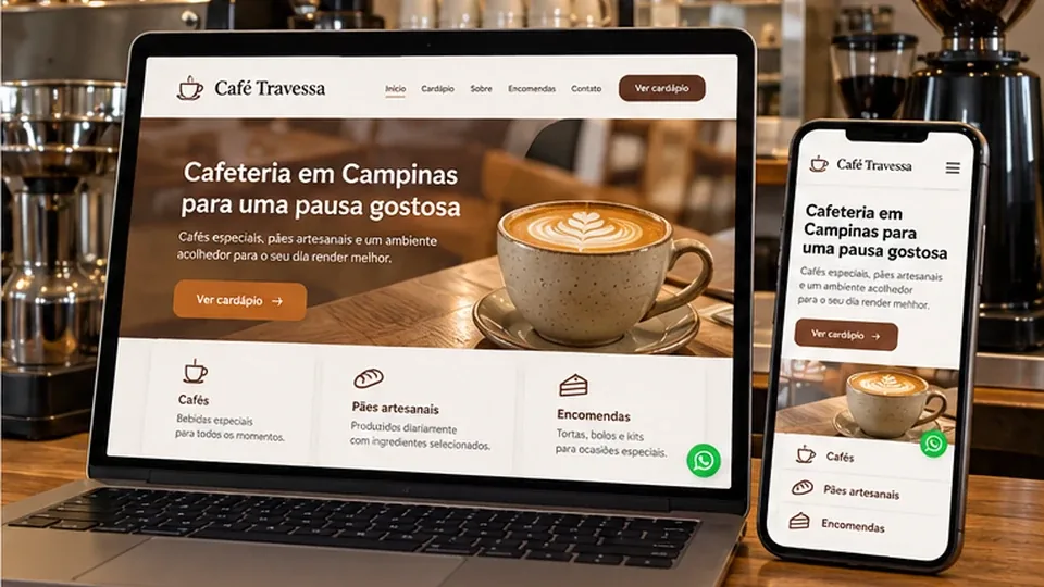 Site fictício do Café Travessa, de Campinas, aberto no notebook e no celular sobre o balcão da cafeteria