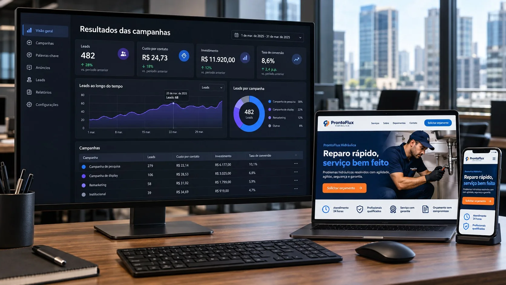 Mockup de painel de campanhas ao lado do site responsivo da ProntoFlux Hidráulica
