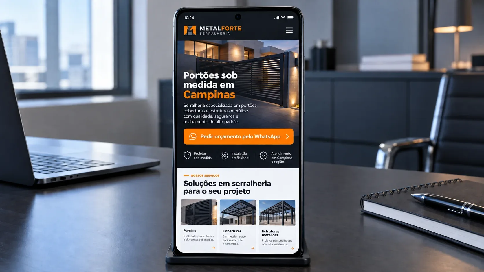 Celular completo mostrando a landing page fictícia da Metalforte Serralheria, preparada para gerar orçamentos