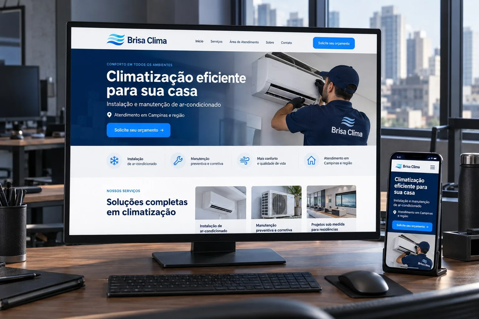 Mockup responsivo do site fictício Brisa Clima em um escritório moderno, com identidade azul de climatização