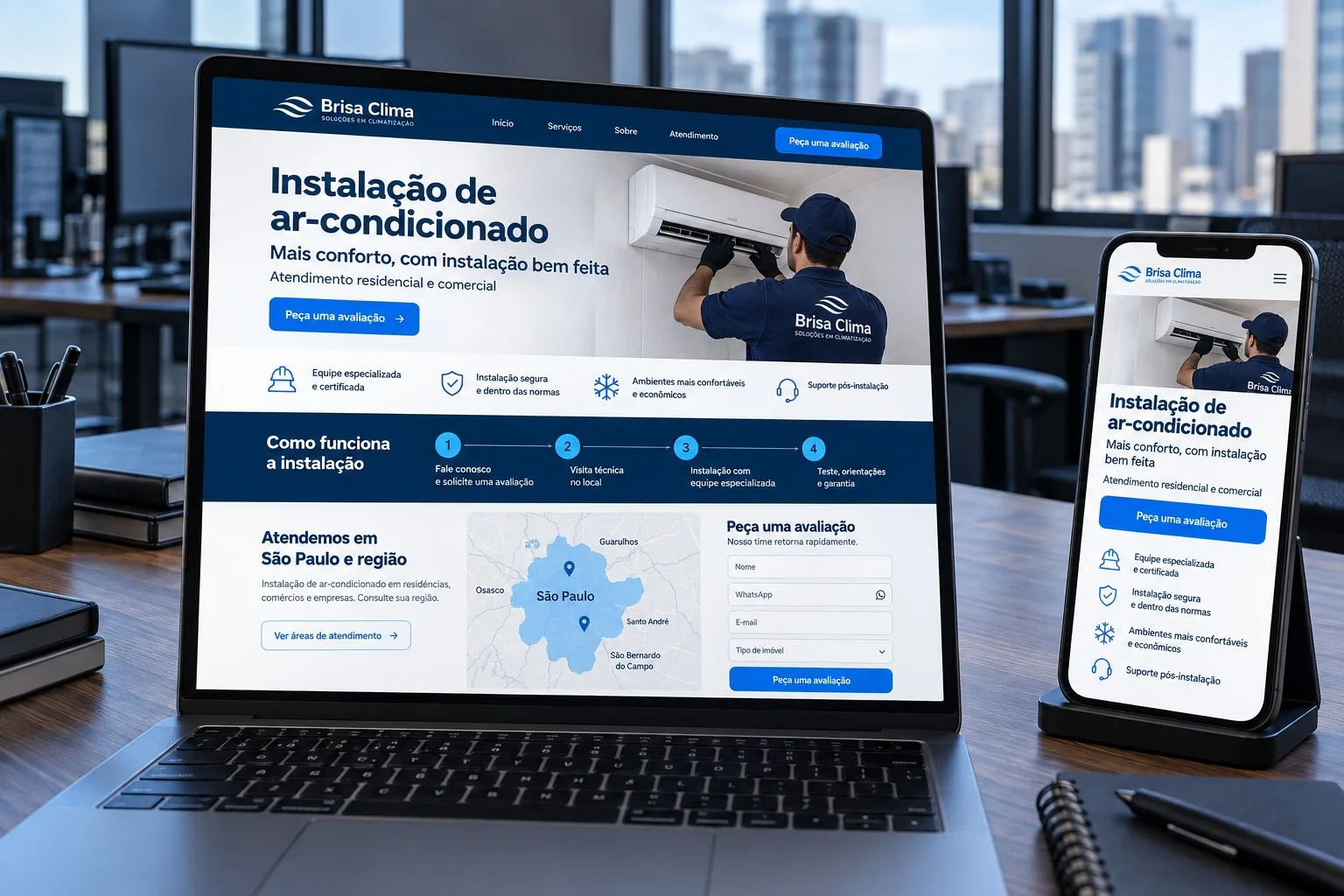 Página de serviço da Brisa Clima para instalação de ar-condicionado em laptop e celular