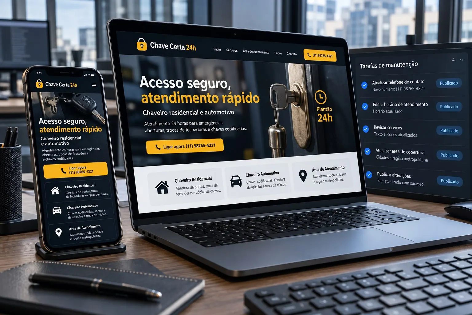 Site preto e amarelo do chaveiro fictício Chave Certa 24h ao lado de tarefas de manutenção publicadas