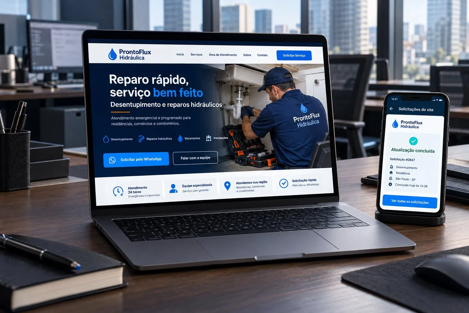 Site azul da ProntoFlux Hidráulica ao lado de uma solicitação de manutenção concluída