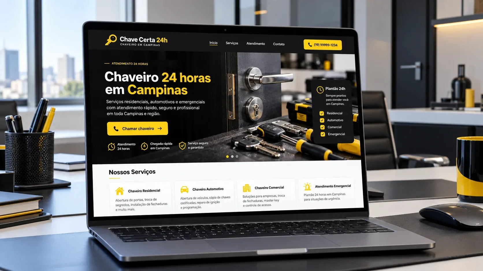 Laptop exibindo o site fictício Chave Certa 24h, com serviços de chaveiro em Campinas