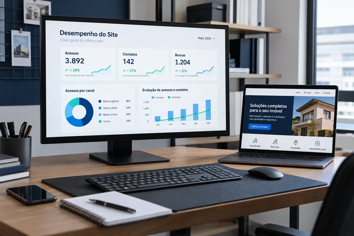 Painel simples com contatos e acessos do site mês a mês