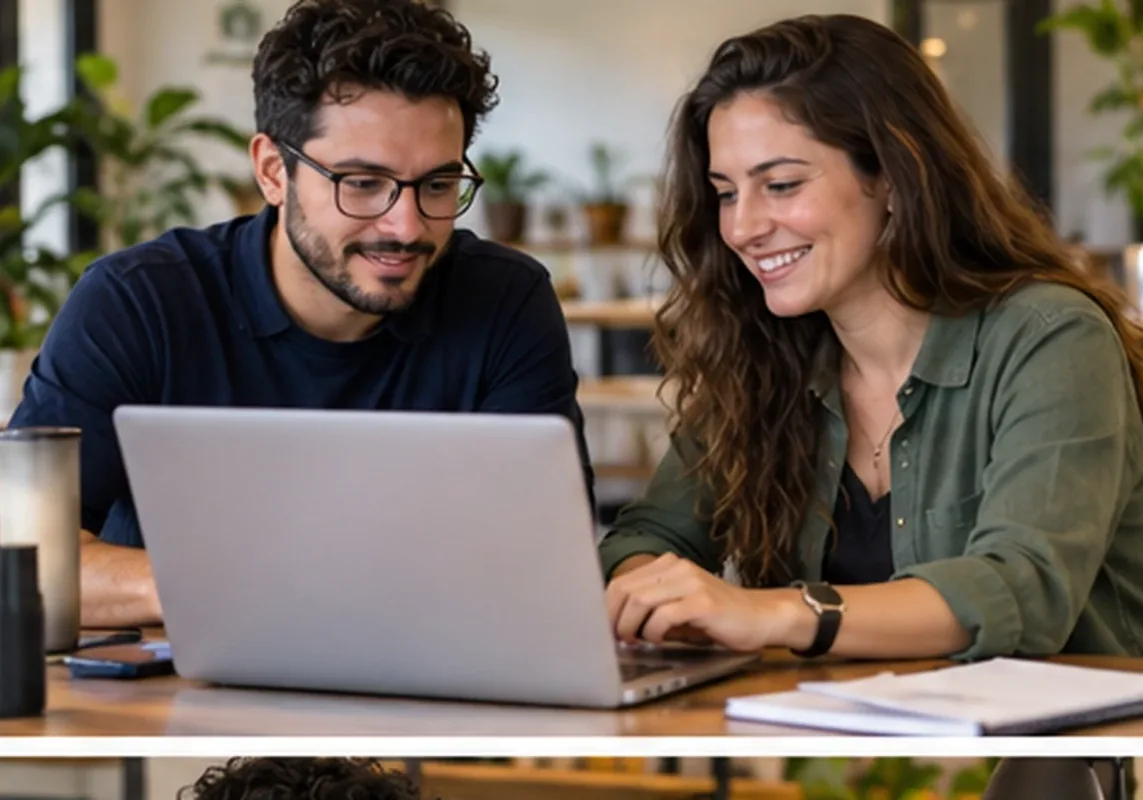Duas pessoas sorrindo enquanto revisam juntas um projeto de site no notebook, em parceria de criação de sites
