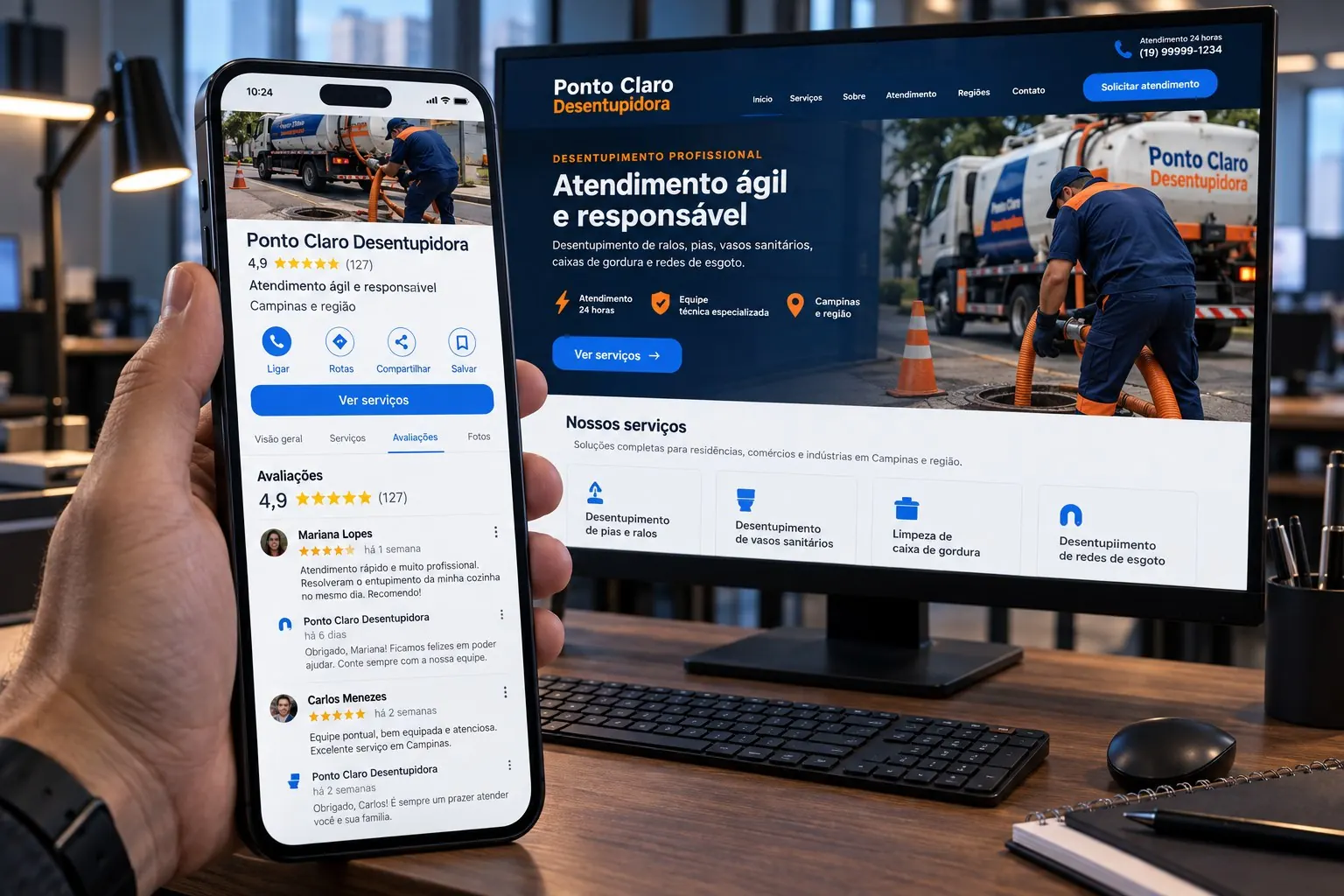 Site da Ponto Claro Desentupidora ao lado de avaliações e perfil local no celular