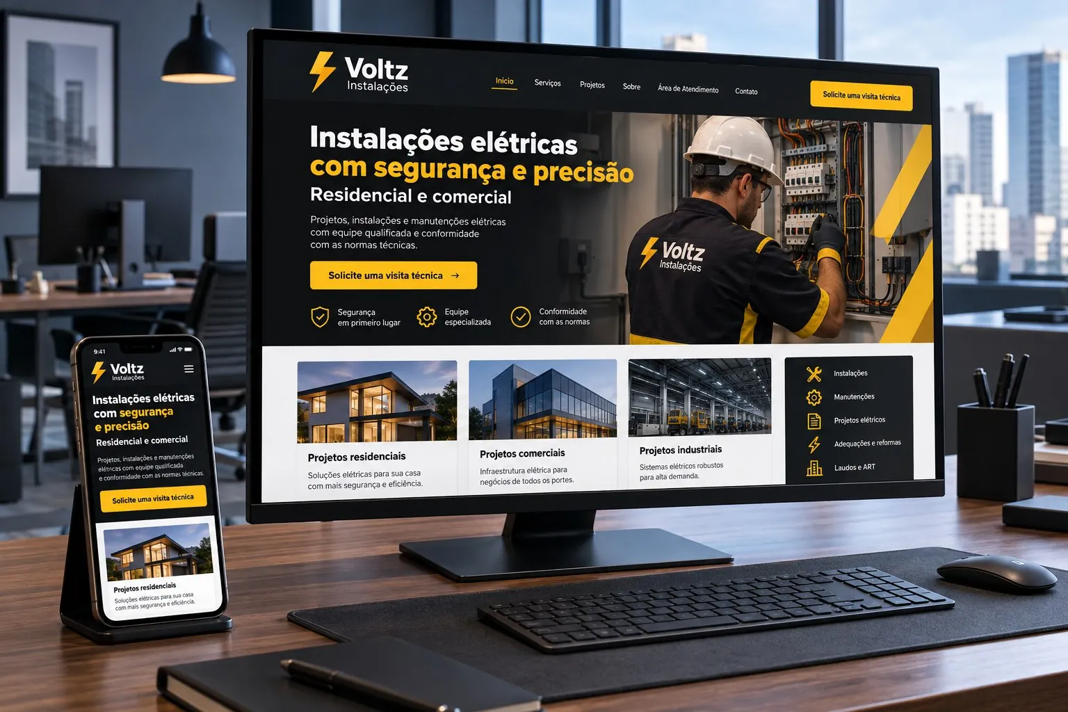 Mockup responsivo do site fictício Voltz Instalações em um escritório moderno, com identidade grafite e amarela