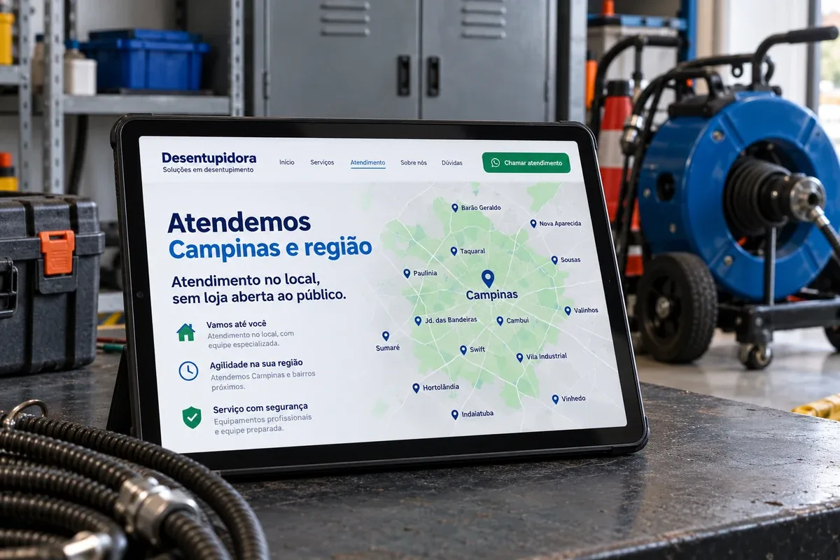 Seção de site fictício indicando a área de atendimento em Campinas e região