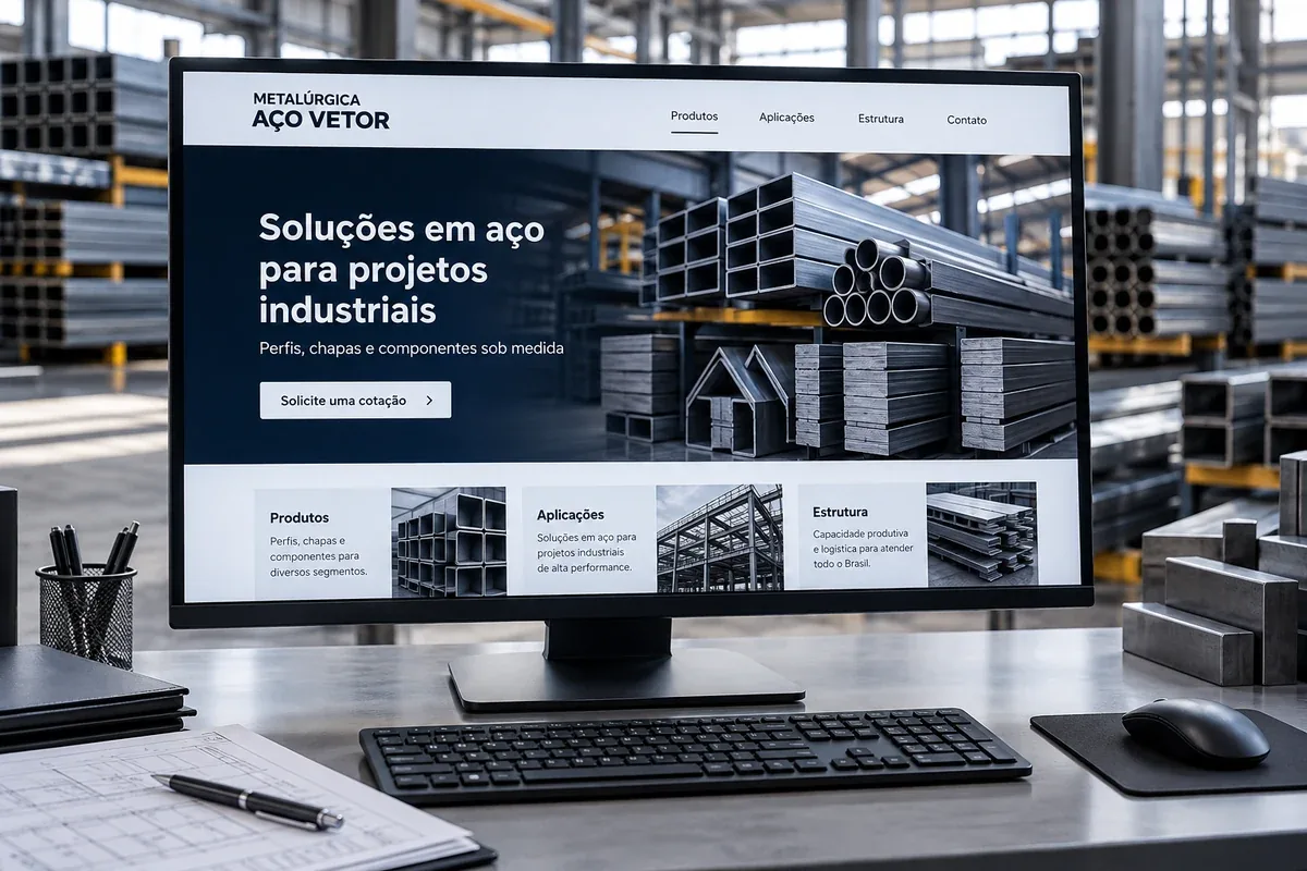 Mockup do site fictício da Metalúrgica Aço Vetor com soluções em aço para projetos industriais