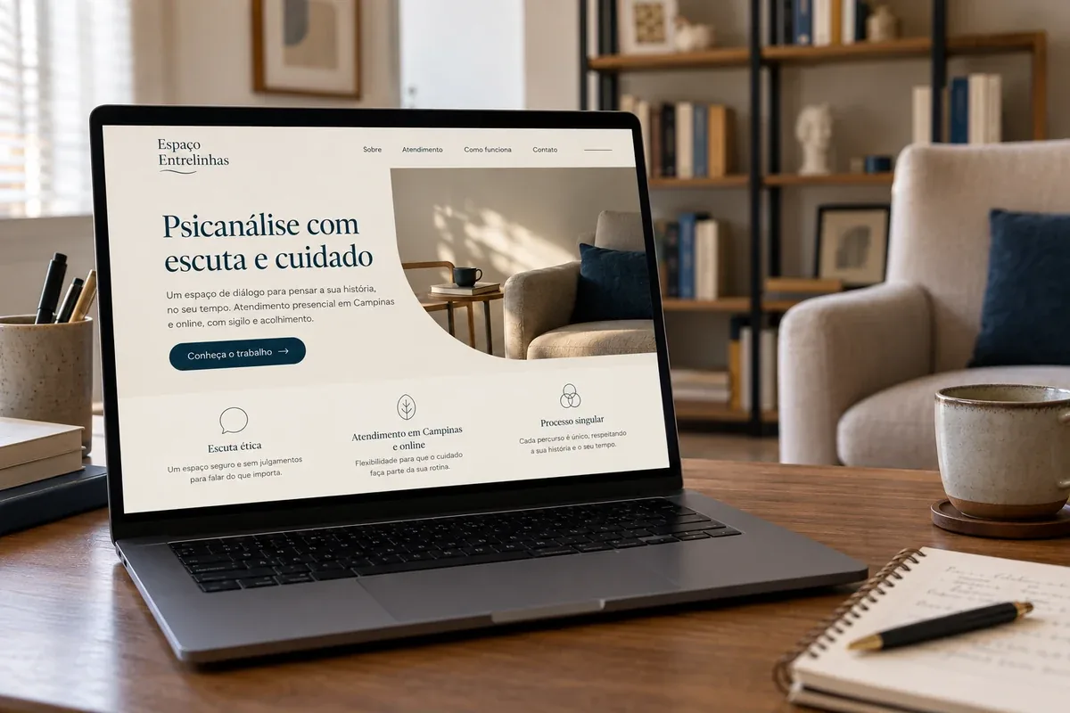 Mockup do site fictício Espaço Entrelinhas para atendimento de psicanálise